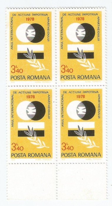 |Romania, LP 967/1978, Anul Int. de Actiune Impotriva Apartheidului, bloc 4, MNH