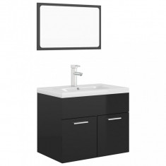 Set mobilier de baie, negru extralucios, lemn prelucrat