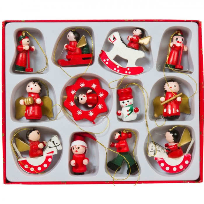 Set Ornamente Brad Craciun Figuri Diverse Lemn 3cm 12 Buc Multicolor