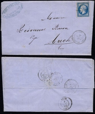 France 1862 Cover + Content Villers Bretonneux Auch ambulant cancellation DB.363 foto