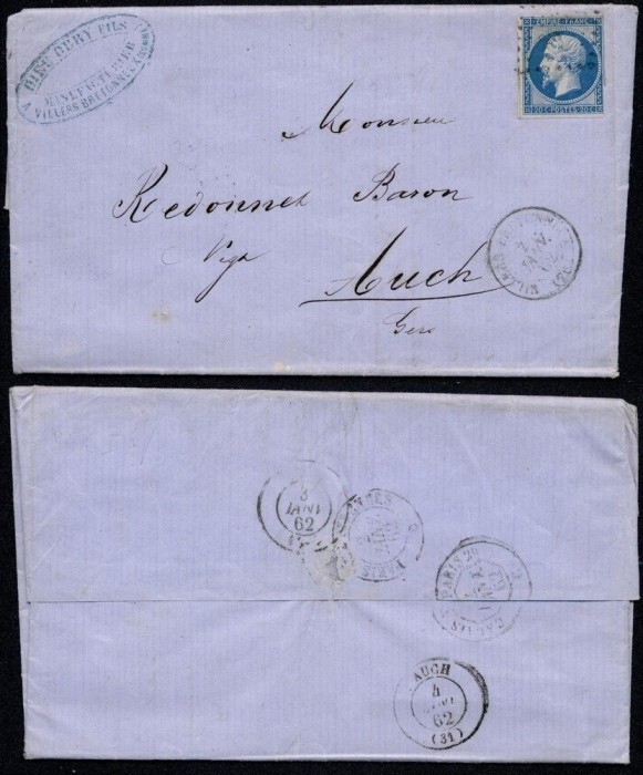 France 1862 Cover + Content Villers Bretonneux Auch ambulant cancellation DB.363