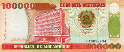 MOZAMBIC █ bancnota █ 100000 Meticais █ 1993 █ P-139 █ UNC █ necirculata foto