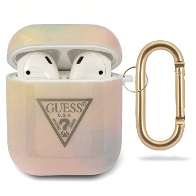 Husa Protectie Casti Guess T&amp;amp;D Gold Triangle 01 pentru Apple AirPods Gen 1 / Apple AirPods Gen 2, Roz GUACA2TPUMCGG01 foto