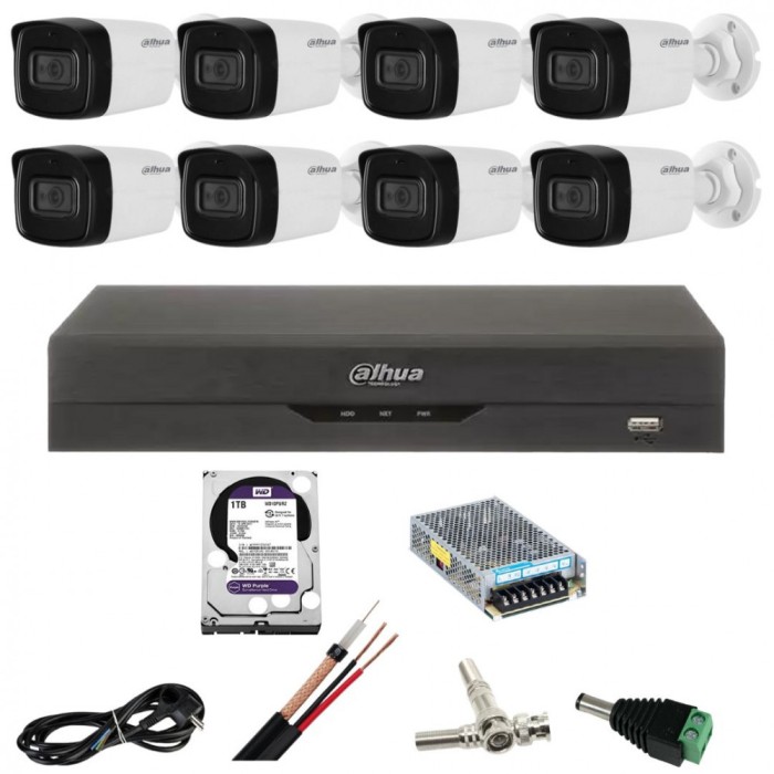 Kit de supraveghere Dahua cu 8 camere de 5 Megapixeli, Infrarosu 80m, DVR cu 8 canale, Hard Disk 2 TB, Accesorii SafetyGuard Surveillance