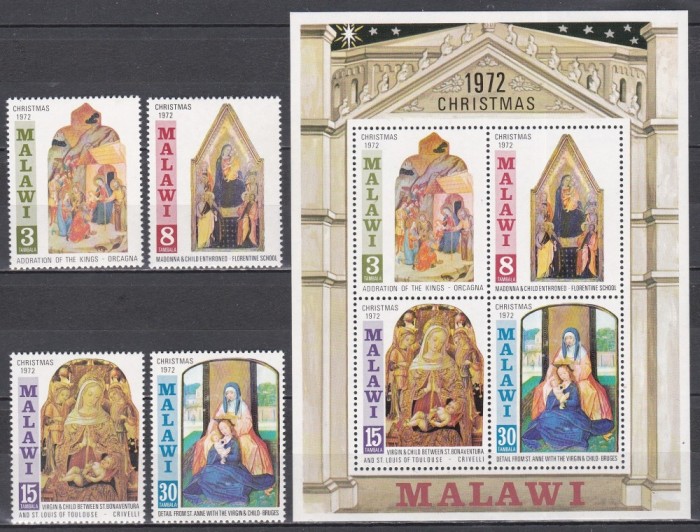 Malawi 1972 - Crăciun - Picturi de Crivelli, Bruges, s.a., Serie + Colita, MNH