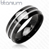 Inel negru din titan - două dungi argintii &icirc;nguste - Marime inel: 67