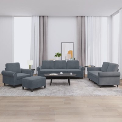 vidaXL Set de canapele cu perne, 4 piese, gri &amp;icirc;nchis, catifea 3202181 foto