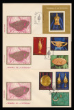 1973 Romania, 3 FDC Tezaurul de la Pietroasa (serie + colita dt) LP 830 + LP 831, Romania de la 1950, Arheologie