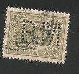 No(08)timbre-Romania 1908-L.P.66- Carol I gravate -perfin B.M.-15 bani