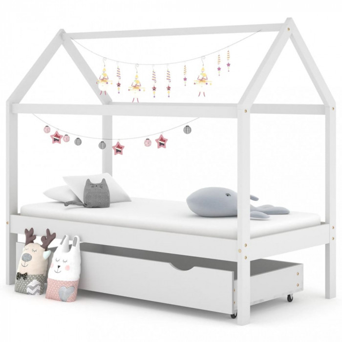 Cadru pat de copii cu un sertar, alb, 80x160 cm, lemn masiv pin GartenMobel Dekor