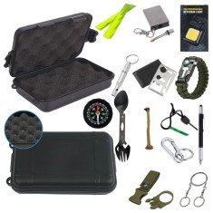 Kit supravietuire multifunctional outdoor Marime M 14 accesorii cutie etansa ABS IP54 18x11x5 cm negru camping urgente