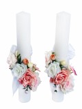 Set Lumanari nunta botez, 40 cm, alb roz, trandafiri si minibujori din matase, Eventissimi&reg;