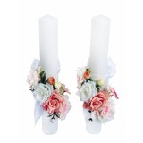 Set Lumanari nunta botez, 40 cm, alb roz, trandafiri si minibujori din matase