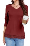 Tricou cu m&acirc;necă lungă pentru femei, dantelă la margine, pulover casual &ndash; Roșu Cereș M