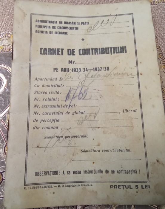 Carnet de Contributiuni contributi 1933