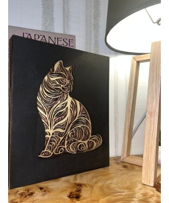 Tablou din Lemn &amp;ndash; Design Artistic Pisică 3D foto