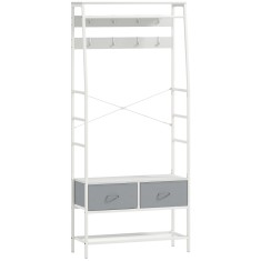 HOMCOM Cuier pentru pantofi cu spațiu pentru pantofi, c&acirc;rlige, sertare, bară și raft pentru intrare, hol, living 80x30x180,5 cm Alb | Aosom Romania