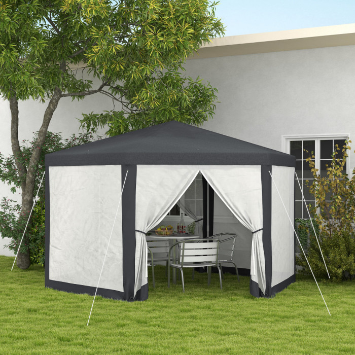 Outsunny Pavilion 4x4 m de Gradina Hexagonal cu Pereti din Plasa, 2 Usi si Picioare Reglabile, Pavilion din Metal si Poliester