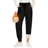 Pantaloni de jogging din fleece pentru femei, talie &icirc;naltă cu buzunare &ndash; Negru XS