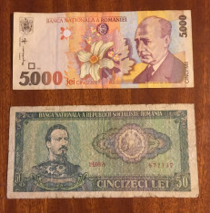 2 Bancnote Romanesti 50 lei (1966) si 5000 lei (1998) foto