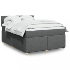 vidaXL Pat box spring cu saltea, gri &icirc;nchis, 140x190 cm, textil