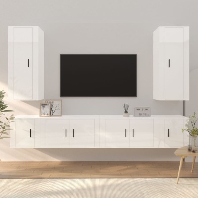 Set dulap TV, 6 piese, alb extralucios, lemn prelucrat foto