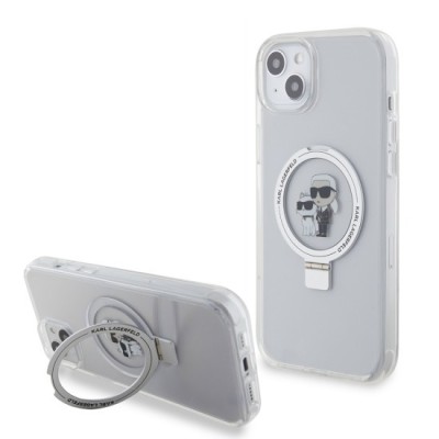 Husa pentru iPhone 15 Plus / 14 Plus - Karl Lagerfeld Hardcase Ring Stand MagSafe (KLHMP15MHMRSKCH) - White Karl&amp;amp;Choupette foto
