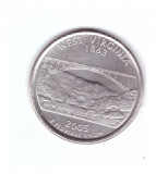 Moneda SUA 25 centi/quarter dollar 2005 D, West Virginia, stare buna, curata, America de Nord, Cupru-Nichel