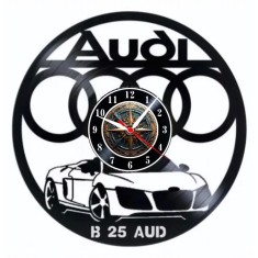 Ceas de perete decorativ realizat din disc de vinil, Model Audi R8 / Auto, Negru, 30 cm