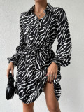 Cumpara ieftin Rochie mini stil camasa, imprimeu zebra si cordon, negru, dama, Shein