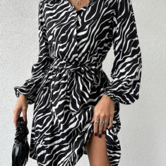 Rochie mini stil camasa, imprimeu zebra si cordon, negru, dama