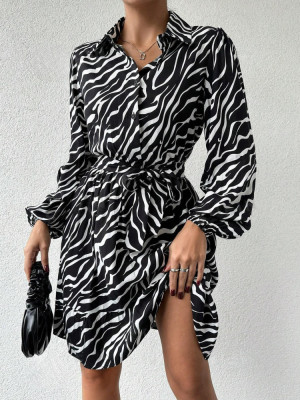Rochie mini stil camasa, imprimeu zebra si cordon, negru, dama foto