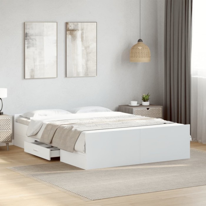 vidaXL Cadru de pat cu sertare, alb, 135x190 cm, lemn prelucrat 3280314