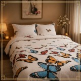 Set lenjerie pat Cocolino 4 piese pufoasa, crem, model fluturi, material fleece, dimensiuni 230x230 cm