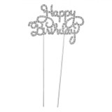 Decoratiune Tort, Happy Birthday, Metalica, Argintie, 10.5x21cm, Cu Strass, Oem