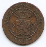 Indiile de Est Olandeze 1 Cent 1858 Willem III / Wilhelmina, Bronz, KM-307.2, Asia, Cupru (arama)