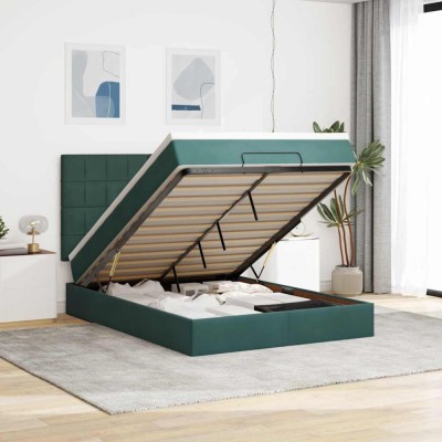 vidaXL Cadru de pat otoman cu saltele verde &amp;icirc;nchis 140x200cm catifea 3313478 foto
