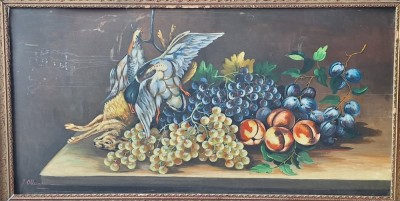 Tablou Natură Statică cu V&amp;acirc;nat și Fructe &amp;ndash; Semnat J. Olteanu &amp;ndash; Ulei pe Carton foto