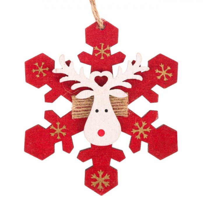Ornament Brad Crăciun, Model Fulg, Culoare Roșu, Cerb Alb, Dimensiuni 10x8 cm, Material Lemn
