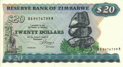 ZIMBABWE █ bancnota █ 20 Dollars █ 1983 █ P-4c █ UNC █ necirculata foto