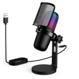 Cumpara ieftin Microfon Profesional USB cu Brat Ajustabil, Cardioid, Reducere Zgomot, RGB, Mute, pentru Streaming, YouTube, TikTok, Gaming, Podcast, Negru