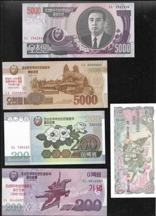 Set / Lot 10 bancnote 5 - 5000 won Coreea de Nord 1978 - 2018 / UNC