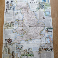 Harta Medieval England - National Geographic, 1979 - 75 cm x 57 cm