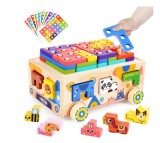 Centru de Activitati Camion din Lemn de tras cu Sortator Geometric pe coloane si forme animale, +3 ani
