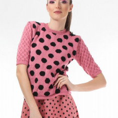 Bluza dama tricotat roz cu buline negre si maneci trei sferturi