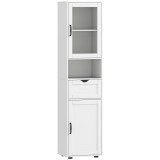 HOMCOM Mobilier de Baie Slim cu Dulapuri și Ușă din Sticlă, Mobilier Economizitor de Spațiu cu Raft Deschis, Sertar și Rafturi Ajustabile, Coloană Mod