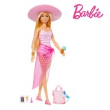Păpușă Barbie Beach Glam Mattel, Blondă, Costum Baie Roz, Accesorii Plajă, 3+ ani