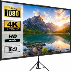 Ecran Proiectie cu Trepied 100 inch, 4K Ultra HD, 16:9, Reglabil 200-250 cm, Unghi 160&deg;, Portabil, Home Cinema, Negru