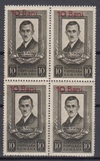ROMANIA 1952 LP 316 PAVEL TCACENCO SUPRATIPAR BLOC DE 4 TIMBRE GUMA ORIGINALA STARE CONFORM FOTO
