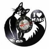 Ceas de perete decorativ I Love Cats, realizat din disc de vinil upcycled, model Pisica si Coada Pufoasa, negru, 30 cm